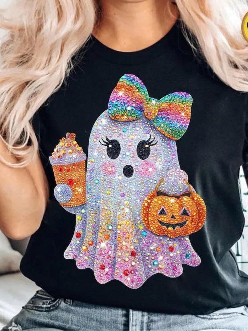 Black Kids Costume Tee with Rainbow Gem Ghost - Colorful